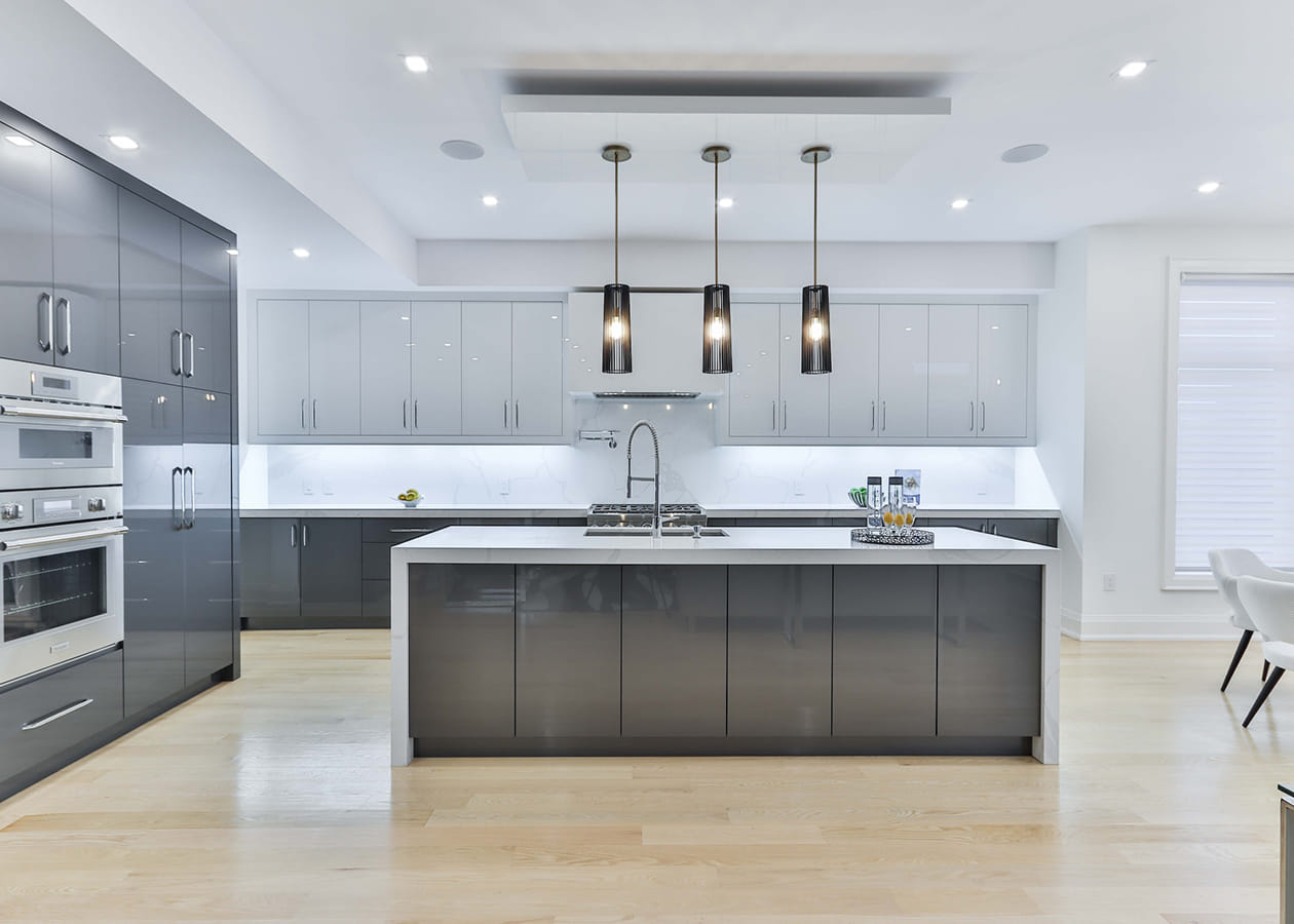 Minimalist steel grey modular kitchen with island