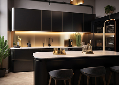 Bold black utilitarian modular kitchen with island