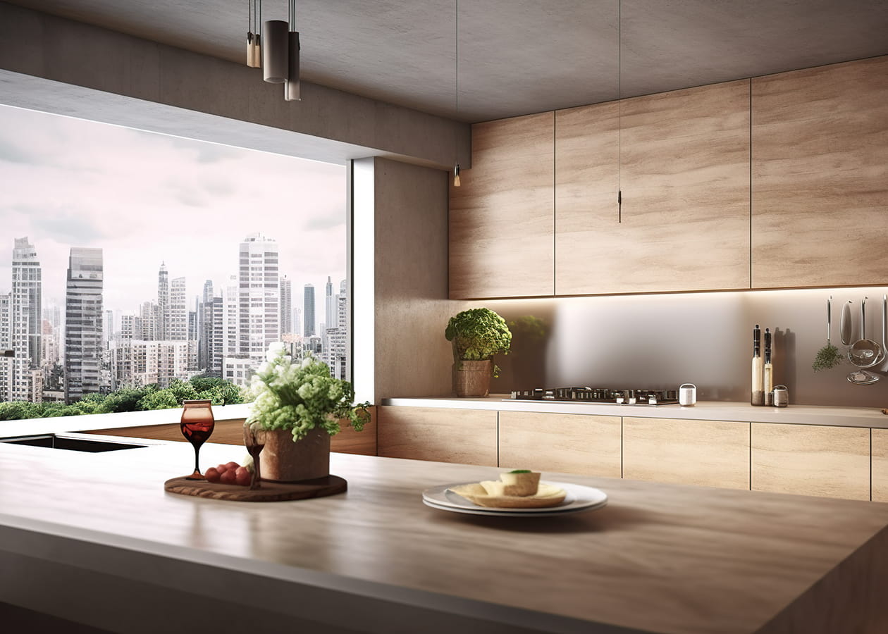 Soft brown no-nonsense modular kitchen with large island