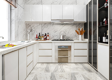 Regal white and gold L-shaped modular kitchen focussed on utility