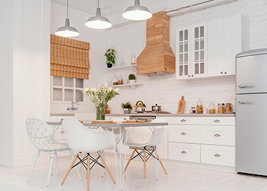 L-shaped cream modular kitchen