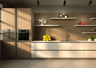 Modular kitchen with warm brown and cream accents