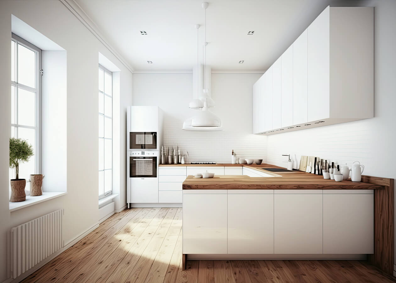 Chic White Modular Kitchen with Wood Accents